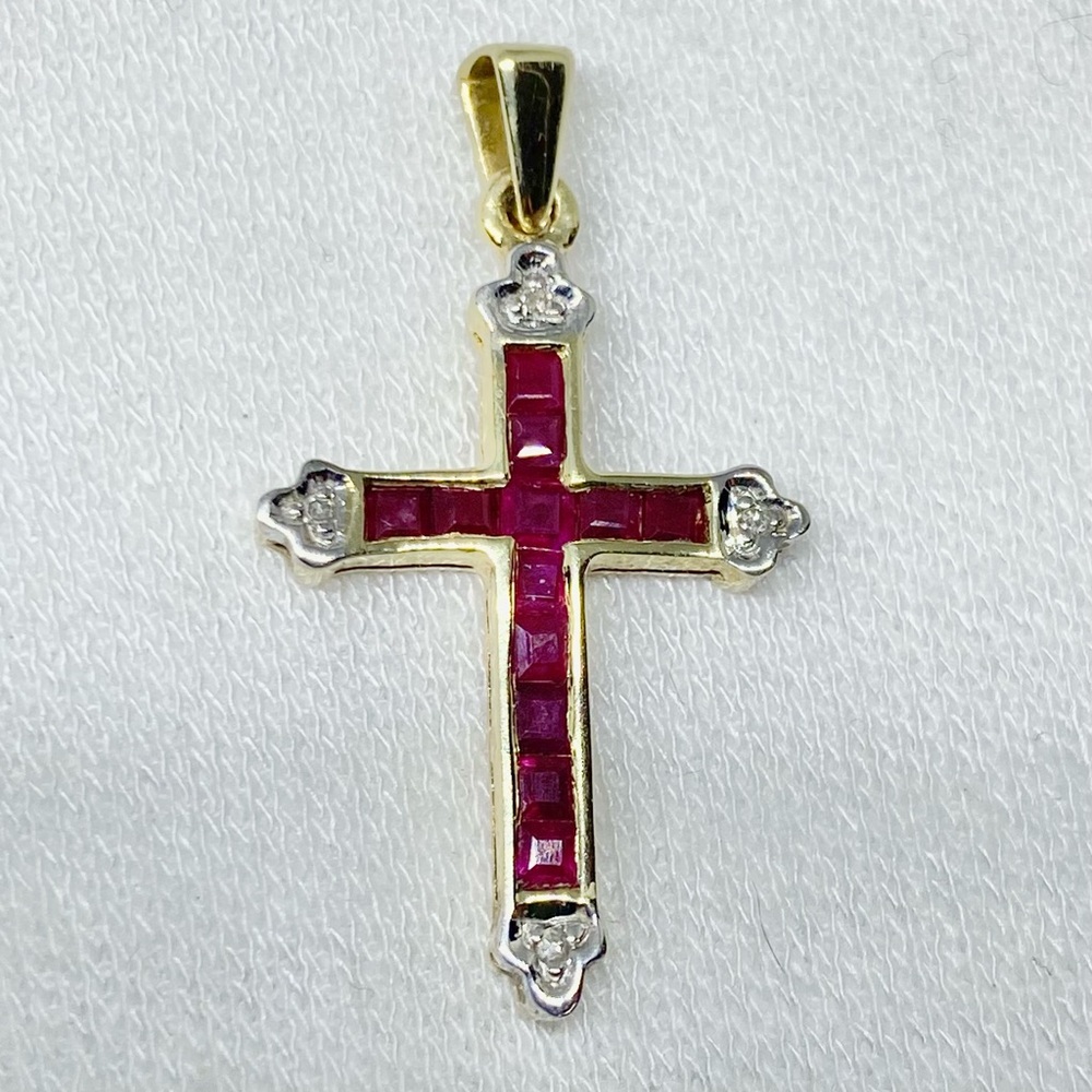 Vintage 10k Solid Yellow Gold Ruby Diamond Cross … - image 8